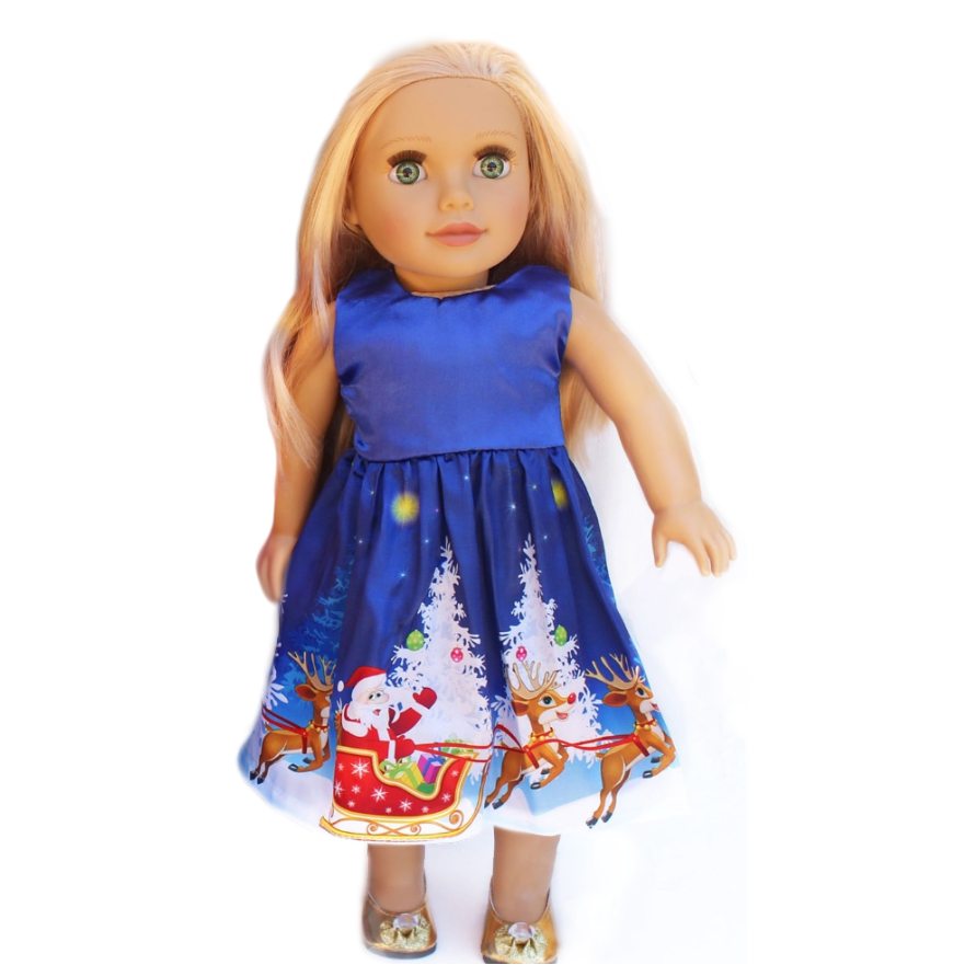 18" doll Christmas dress blue Santa print fits American Girl Dolls