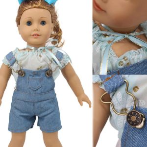 18" doll clothes denim overalls shorts with mint colored top and hair ribbon.