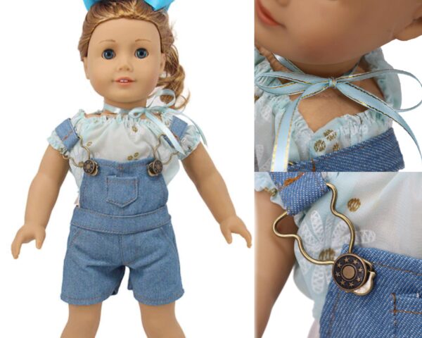 18" doll clothes denim overalls shorts with mint colored top and hair ribbon.