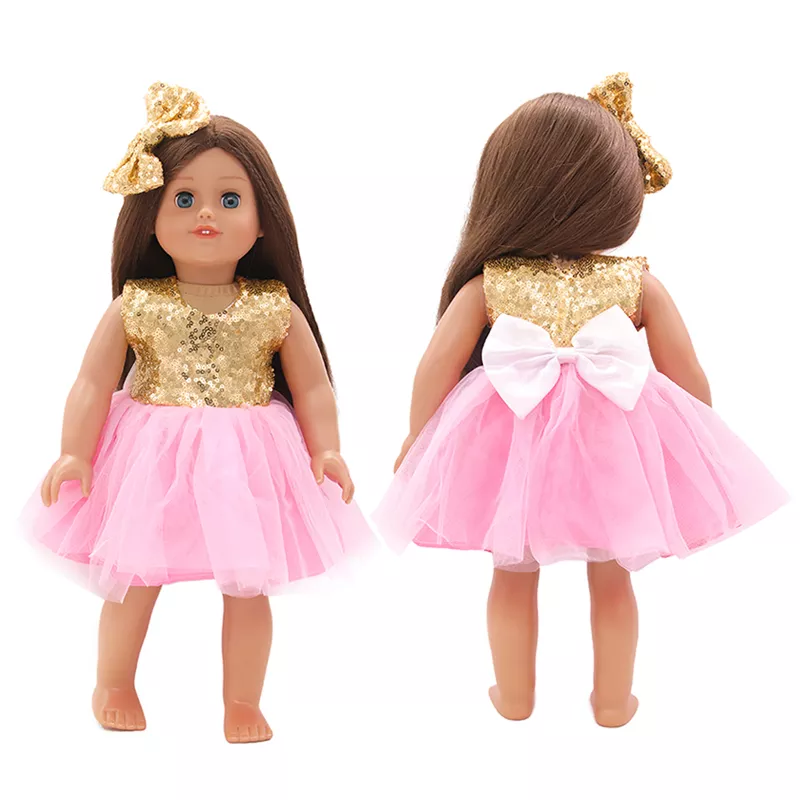gold and pink 18 inch doll dress