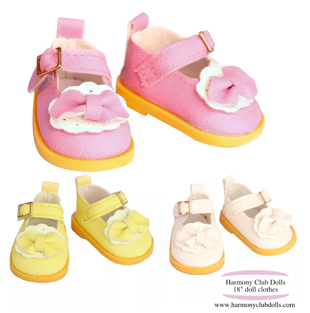 18" doll mary jane shoes. Doll shoes yellow, pink, white