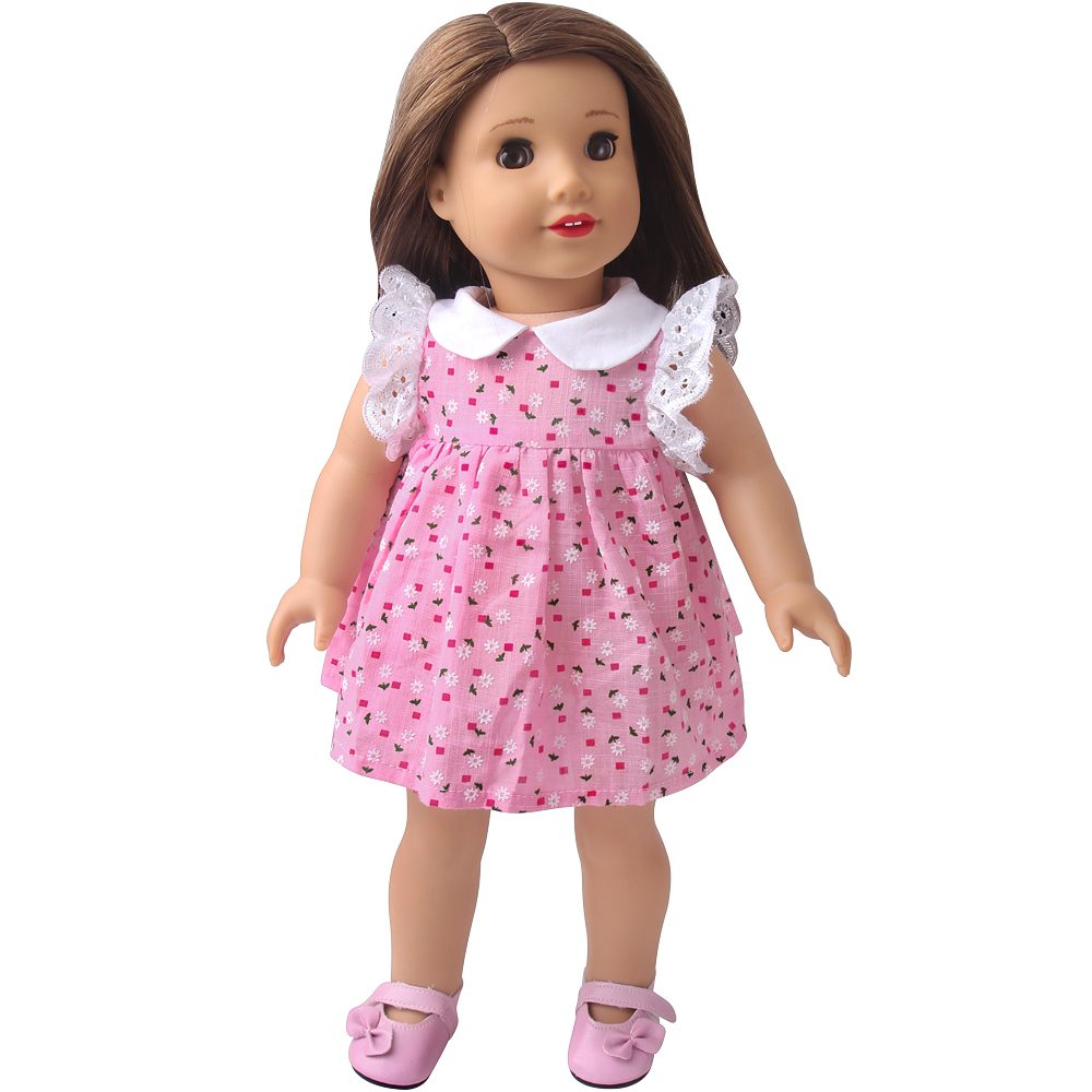 pink 18" doll dress with white eyelet sleeves