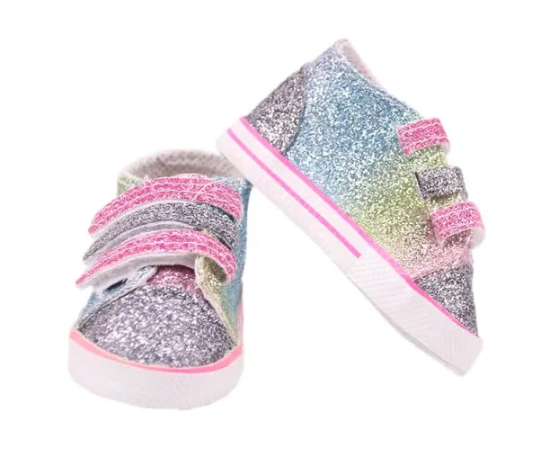 18" doll rainbow sneakers. Sparkle rainbow 18 inch doll shoes.
