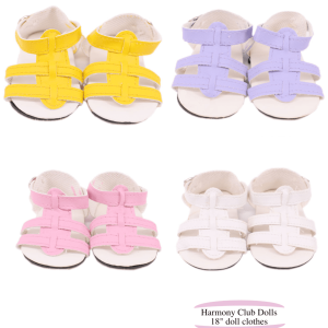 American Girl doll sandals. Yellow, white, pink, purple 18 inch doll sandals.