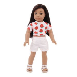 18" doll strawberry shirt with white denim shorts