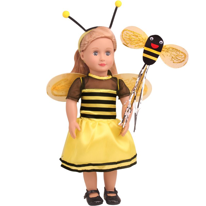 18 inch doll bee costume. Cute bee 18 inch doll Halloween costume includes dress and wings, headband, wand. Fits American Girl Doll Halloween