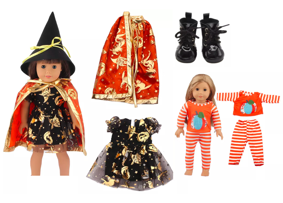 18 inch doll HALLOWEEN GIFT SET-Black and Orange Theme- Costume, boots and pajamas. Includes witch costume with hat and cape, shiny black boots and fun stretch pumpkin pajamas. Limited time offer.