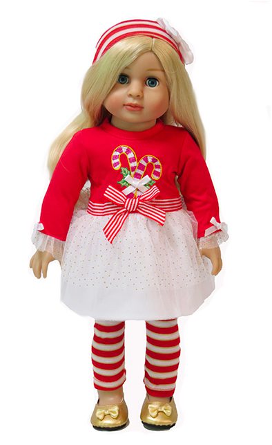 - Holiday Christmas 18" doll candy cane tutu 3 piece outfit by American Fashion World. This adorable 18 inch doll Christmas outfit includes a deluxe tutu dress, soft striped leggings and a matching striped headband. This makes a perfect set for dolls this holiday season. New for 2022.