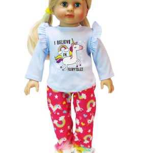 - Cute 18" doll Unicorn fairytale pajamas. Soft cotton print top with warm flannel matching unicorn pants.