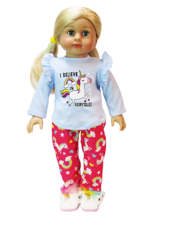 - Cute 18" doll Unicorn fairytale pajamas. Soft cotton print top with warm flannel matching unicorn pants.