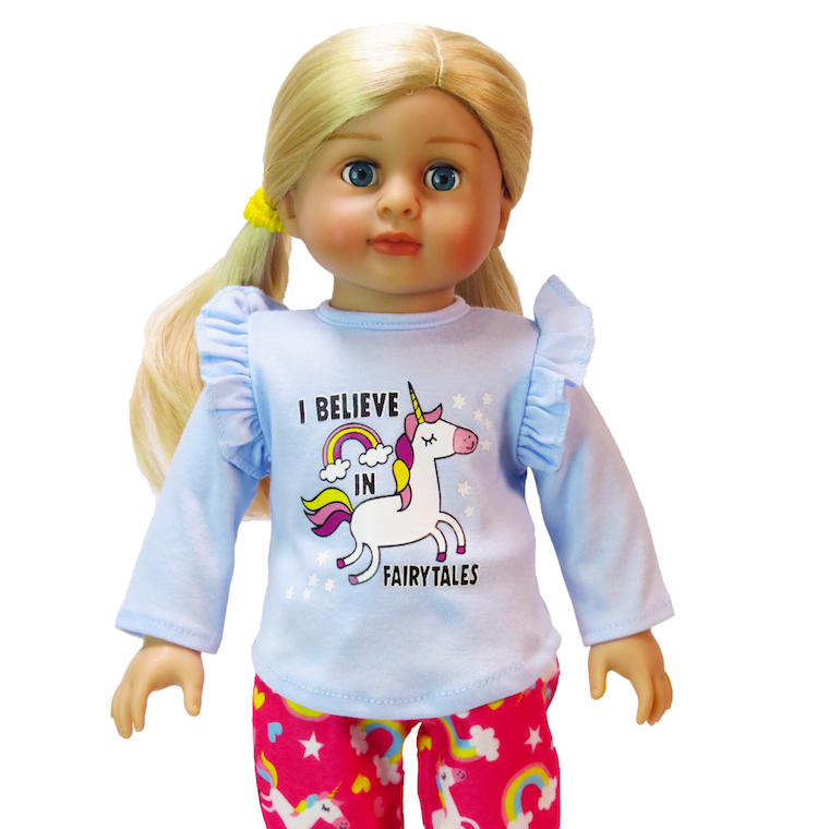 American Fashion World doll clothes 18 inch doll unicorn pajamas I believe in fairytales. Fits American Girl dolls.