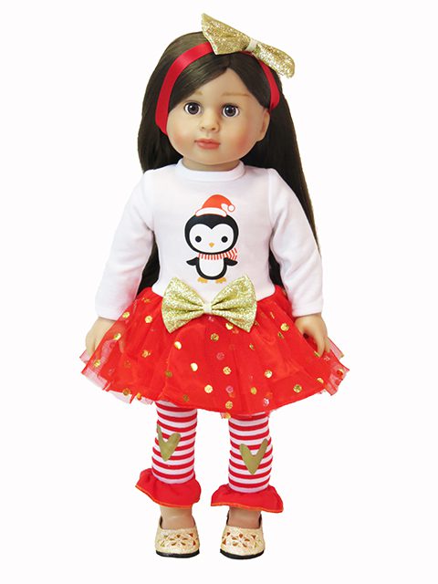 - Holiday Christmas 18" doll little penguin tutu 3 piece outfit by American Fashion World. This adorable 18 inch doll Christmas outfit includes a deluxe tutu dress, soft striped leggings and a matching striped headband. This makes a perfect set for dolls this holiday season. New for 2022.