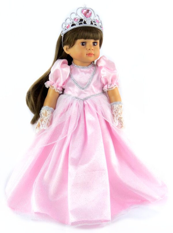 - 18 inch doll pink princess gown with gloves and crown