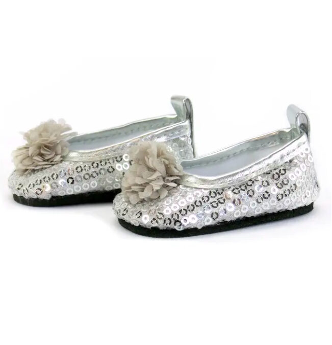 18 inch doll silver sequin flower shoes