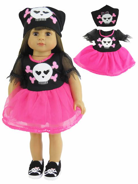 - 18 inch doll skull and bone pirate dress with head scarf.
