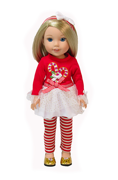 Fits Wellie Wishers 14.5" doll candy cane outfit with hair bow