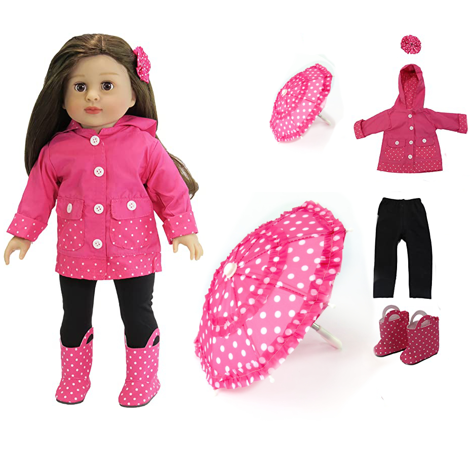 American Fashion World Hot Pink rain coat set with umbrella fits 18 inch dolls the size of American Girl.