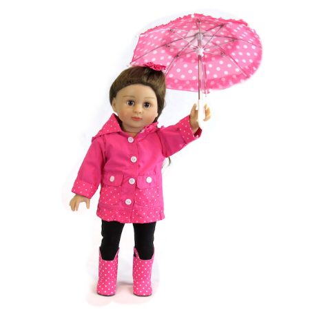 American Fashion World 18 inch doll hot pink dot rain set with umbrella. American Girl doll size raincoat and umbrella.