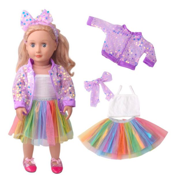 8" doll sparkle rainbow skirt with tank and sequin lavender jacket