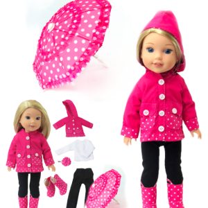 14.5" doll complete rain set with hat, hair clip, tee, leggings, boots and umbrella