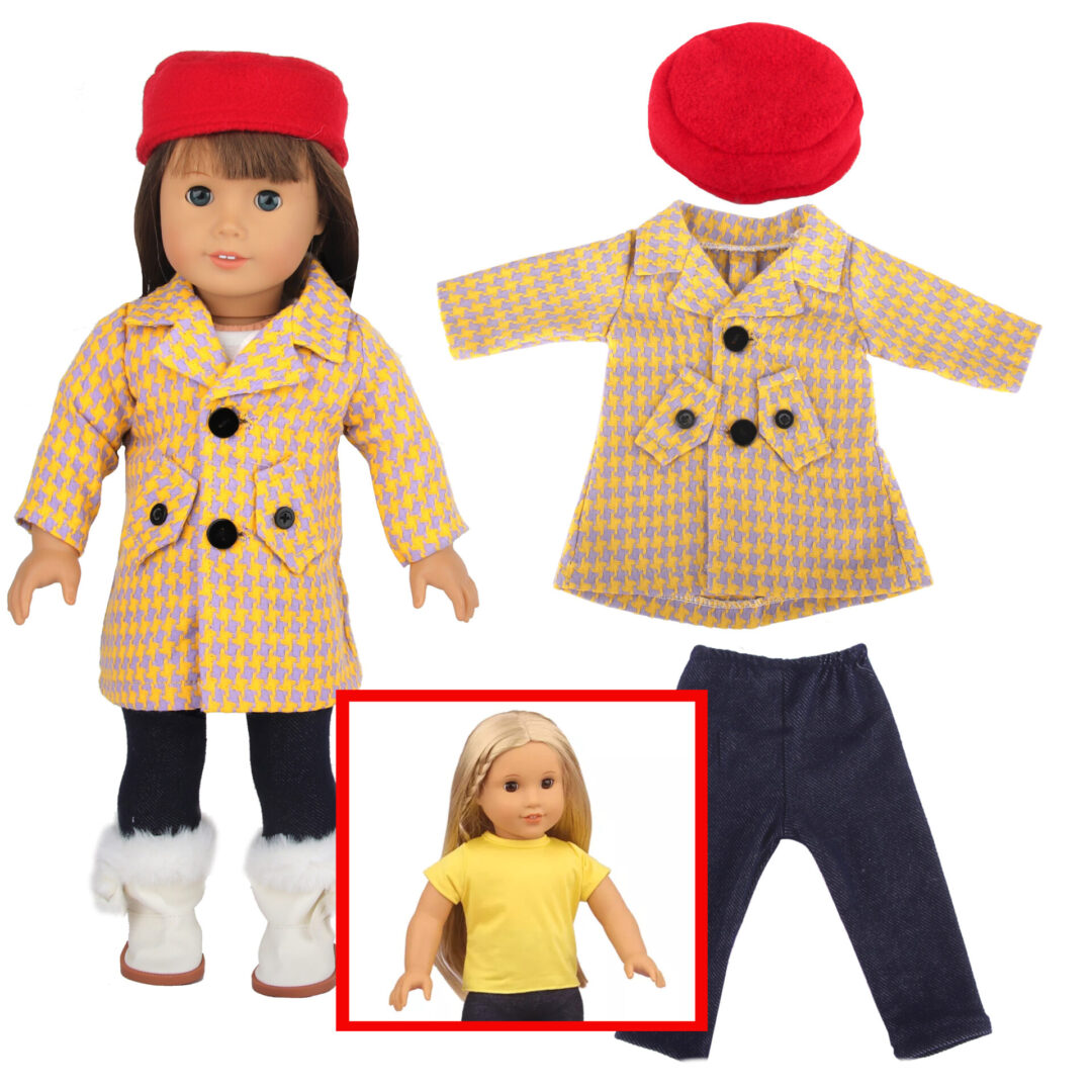 fits american girl doll yellow checkered coat with red hat