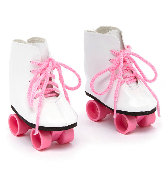 18" doll roller skates with rolling wheels in white with hot pink