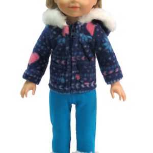 Smaller doll size. Fits 14.5" dolls like Wellie Wishers. Blue Snowflake fur trim jacket plus pants.
