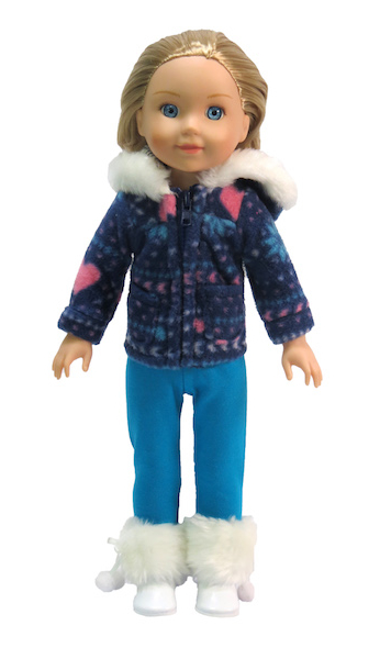 Smaller doll size. Fits 14.5" dolls like Wellie Wishers. Blue Snowflake fur trim jacket plus pants.