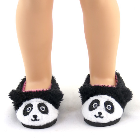 American Fashion World doll clothes 14" doll panda slippers fits 14.5" dolls. Fits Wellie Wishers panda plush slippers. Fits Hearts for Hearts doll clothes.