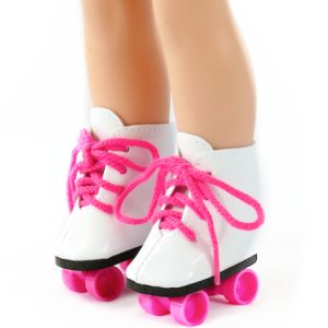 wellie wishers 14.5" doll white roller skates with hot pink rolling wheels