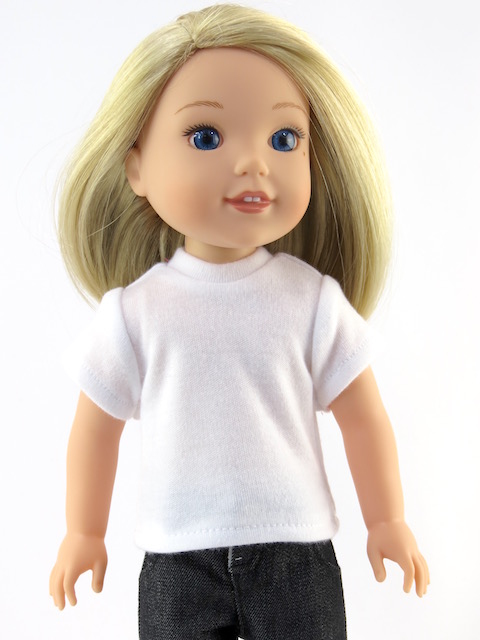 Smaller doll size. Fits 14.5" dolls like Wellie Wishers. Basic White Soft Tee.