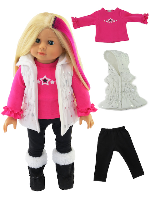 18 inch doll white star vest plus hot pink tee and black leggings