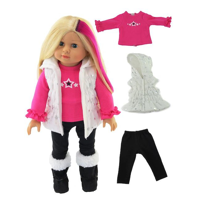 American Fashion World Doll Clothes White puffer vest hot pink t shirt and black leggings. Doll clothes that fits American Girl Dolls.
