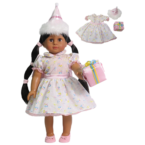 American Fashion World 18" doll clothes. Birthday Party Dress Comes Complete with Hat and Gift!