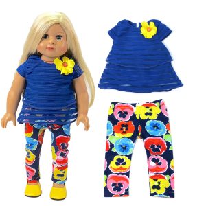 18" doll size cute yellow and blue floral pants outfit. Includes top and pants.