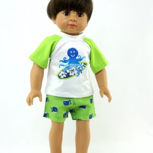 Dress up your little dude for a rocking day at the beach with this rashguard and swim trunks set. Made for 18-inch boy dolls.