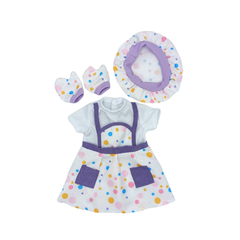 18" doll lavender chef's dress with hat and mittens. Dress includes sewn on apron design.