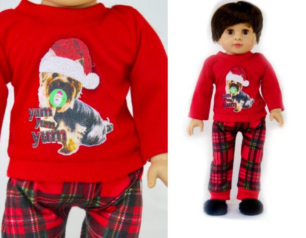 Christmas puppy pajamas plus slippers for 18 inch dolls.