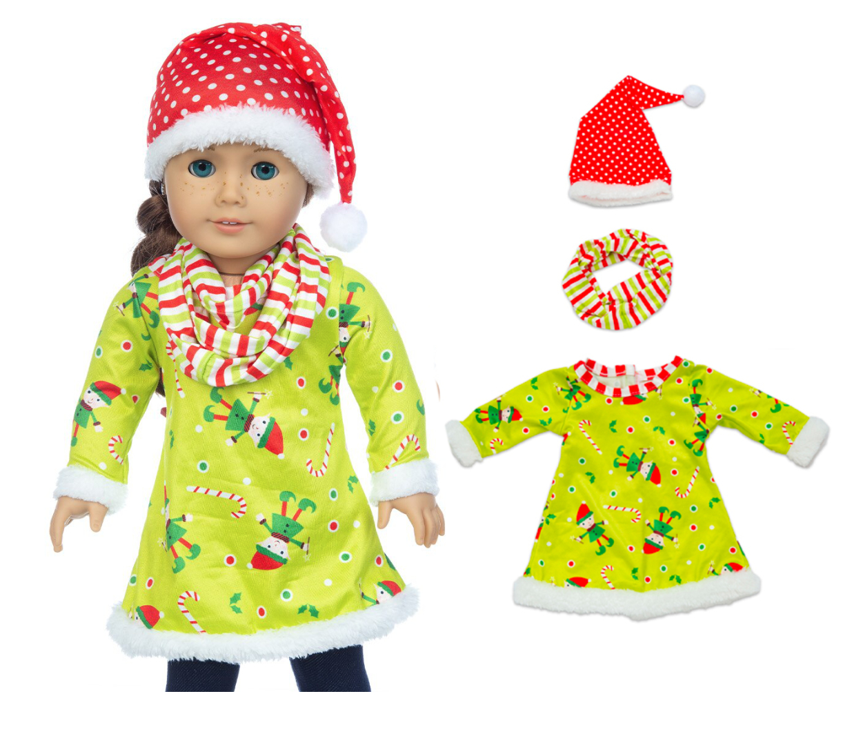 18 inch doll green christmas outfit with santa hat