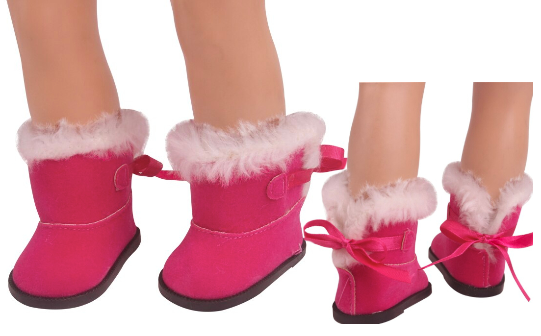18 inch doll hot pink ribbon boots ugg look 18 inch doll boots fits American Girl dolls.