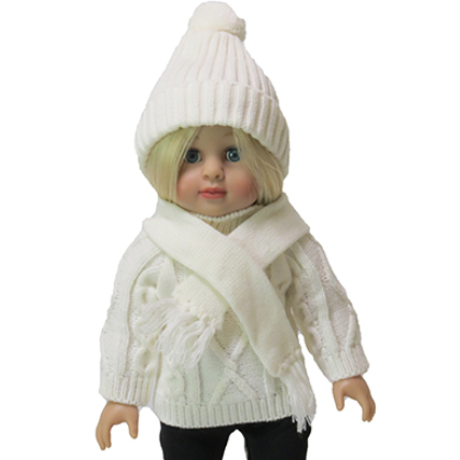 American Fashion World doll clothes. White 18″ doll 4 piece sweater outfit. Includes sweater, hat, scarf, and leggings. For 18 inch dolls. Fits American Girl dolls.