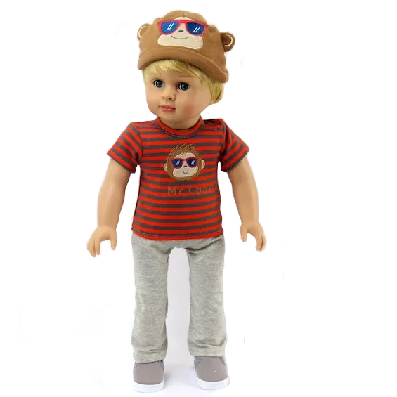 18 inch boy doll clothes Monkey Around tee pants and hat by American Fashion World for boy dolls like Logan. 18" doll clothes.
