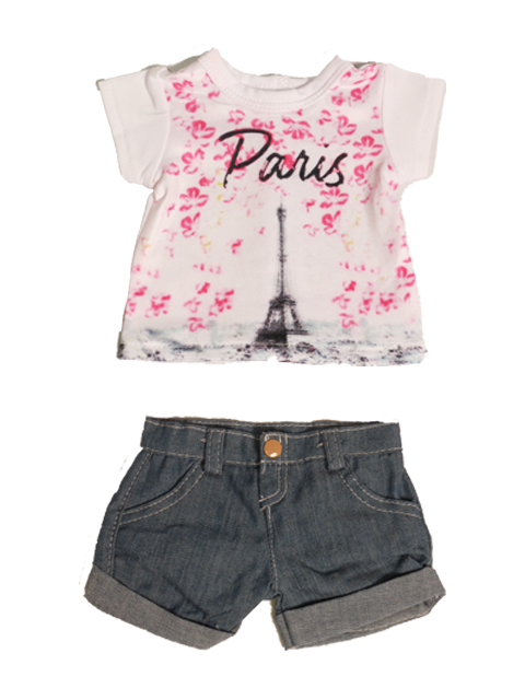 18" doll size Paris tee with shorts set.