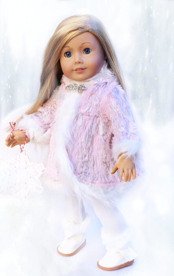 Complete pink and ivory winter outfit: Coat, tee, leggings and boots for 18 inch dolls.