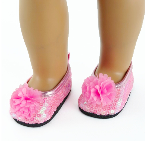 18 inch doll pink sequin flower shoes