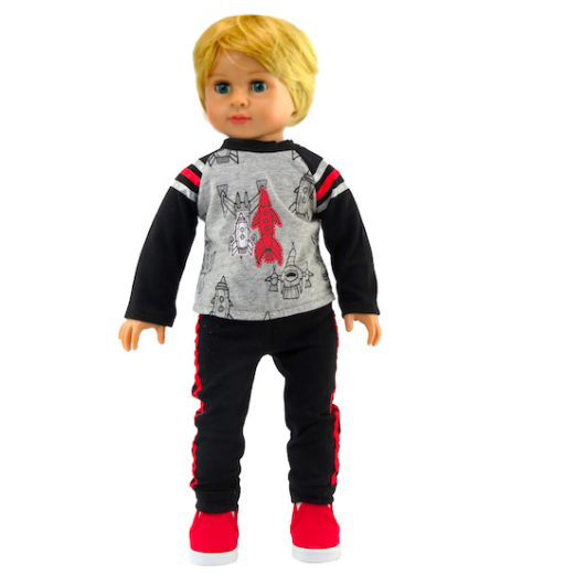 18" boy doll clothes rocket ship outfit tee and pants by American Fashion World for 18 inch boy doll Logan.