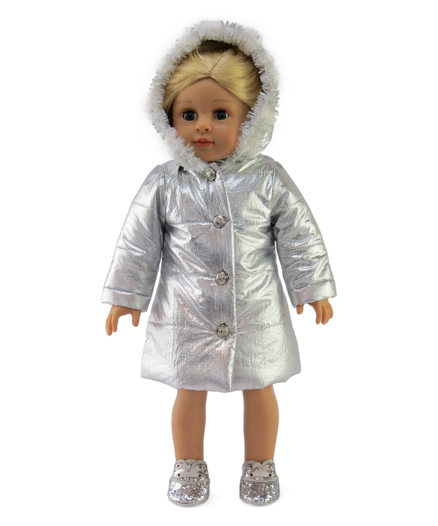 18" doll silver deluxe winter coat by American Fashion World.