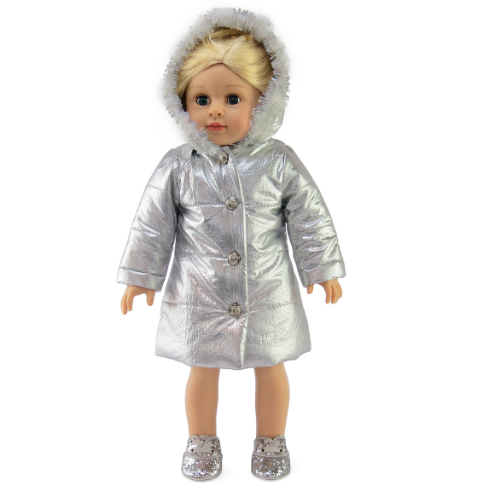 American Fashion World 18 inch doll clothes silver puffer coat fits American Girl dolls.