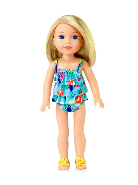Smaller doll size. Fits 14.5" dolls like Wellie Wishers. Fish friendly swimsuit.