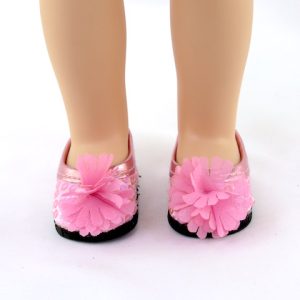 Smaller doll size. Fits 14.5" dolls like Wellie Wishers. Cute design pink sequin flower shoes.